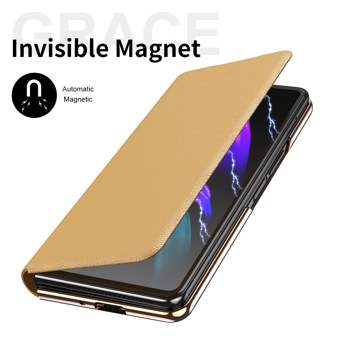 Litchi Texture PU Leather + PC Case Hand Band Stand Design Automatic Magnetic Cover with Pen Slot for Samsung Galaxy Z Fold3 5G
