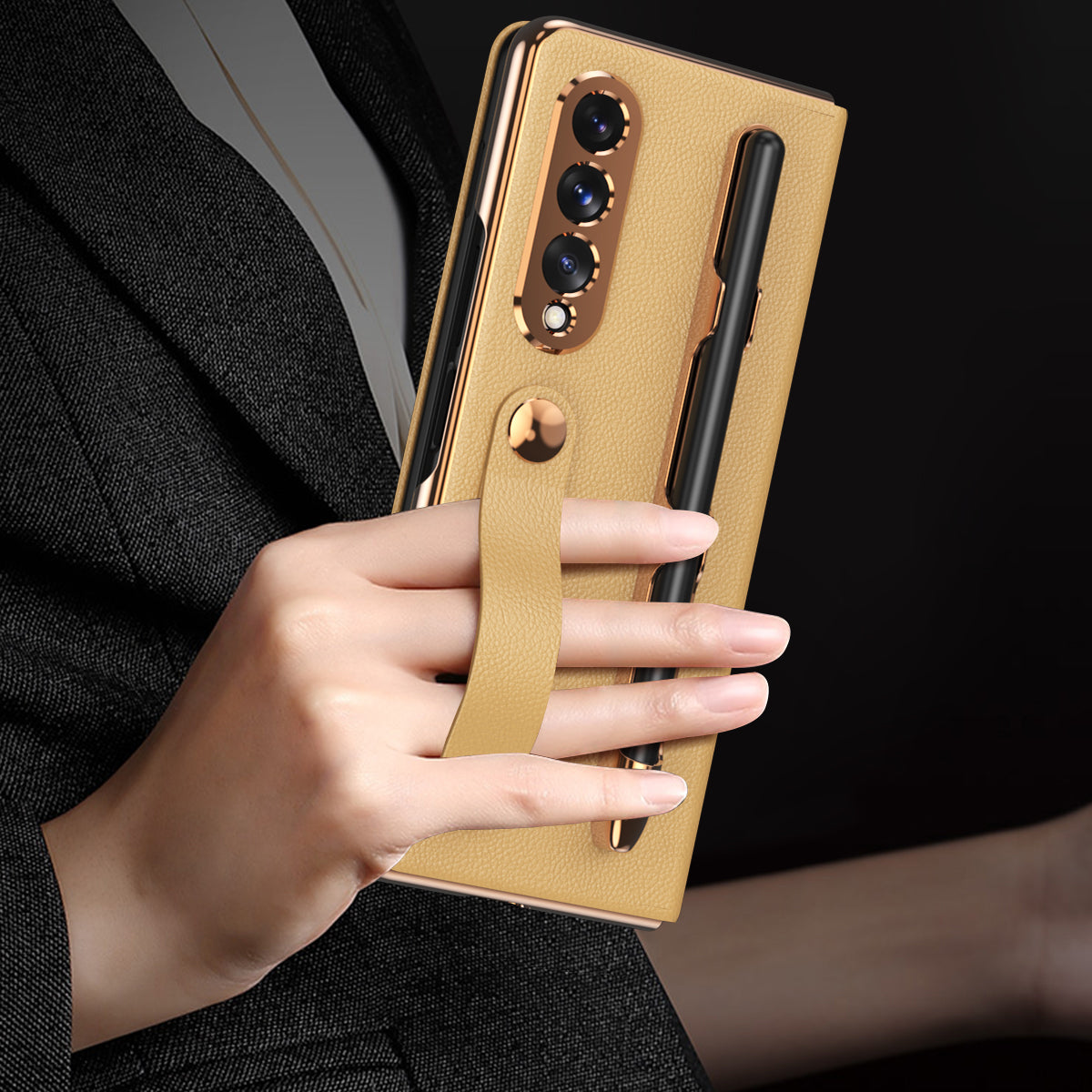 Litchi Texture PU Leather + PC Case Hand Band Stand Design Automatic Magnetic Cover with Pen Slot for Samsung Galaxy Z Fold3 5G