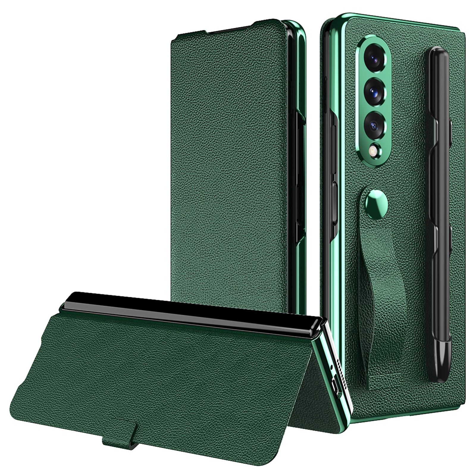Litchi Texture PU Leather + PC Case Hand Band Stand Design Automatic Magnetic Cover with Pen Slot for Samsung Galaxy Z Fold3 5G