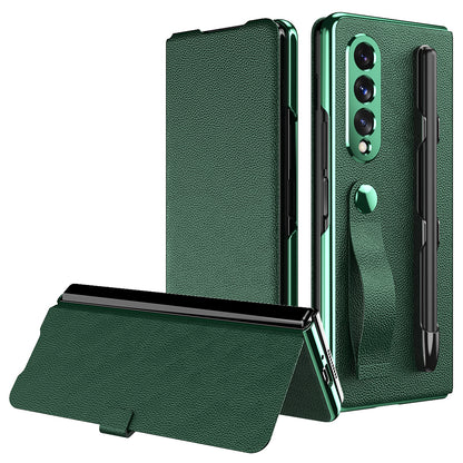 Litchi Texture PU Leather + PC Case Hand Band Stand Design Automatic Magnetic Cover with Pen Slot for Samsung Galaxy Z Fold3 5G