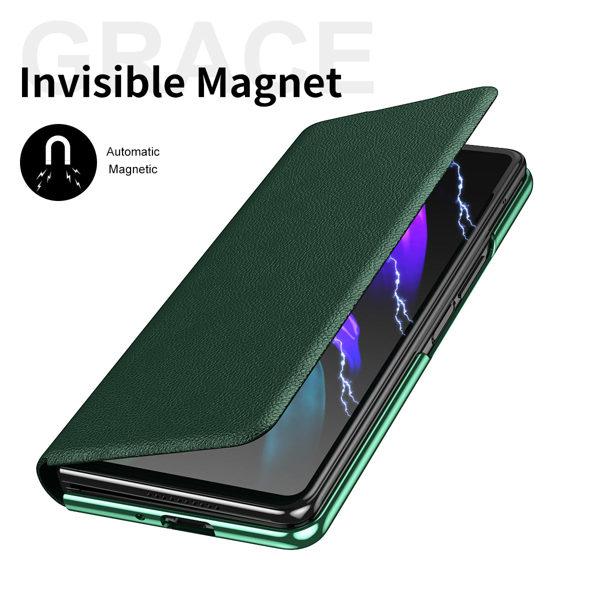 Litchi Texture PU Leather + PC Case Hand Band Stand Design Automatic Magnetic Cover with Pen Slot for Samsung Galaxy Z Fold3 5G