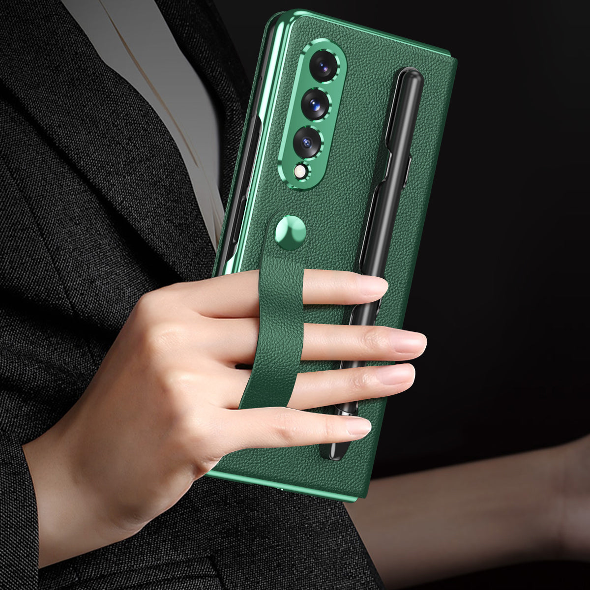 Litchi Texture PU Leather + PC Case Hand Band Stand Design Automatic Magnetic Cover with Pen Slot for Samsung Galaxy Z Fold3 5G