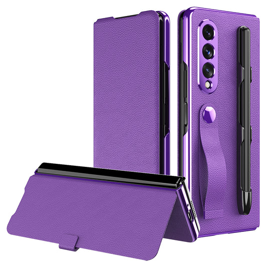 Litchi Texture PU Leather + PC Case Hand Band Stand Design Automatic Magnetic Cover with Pen Slot for Samsung Galaxy Z Fold3 5G
