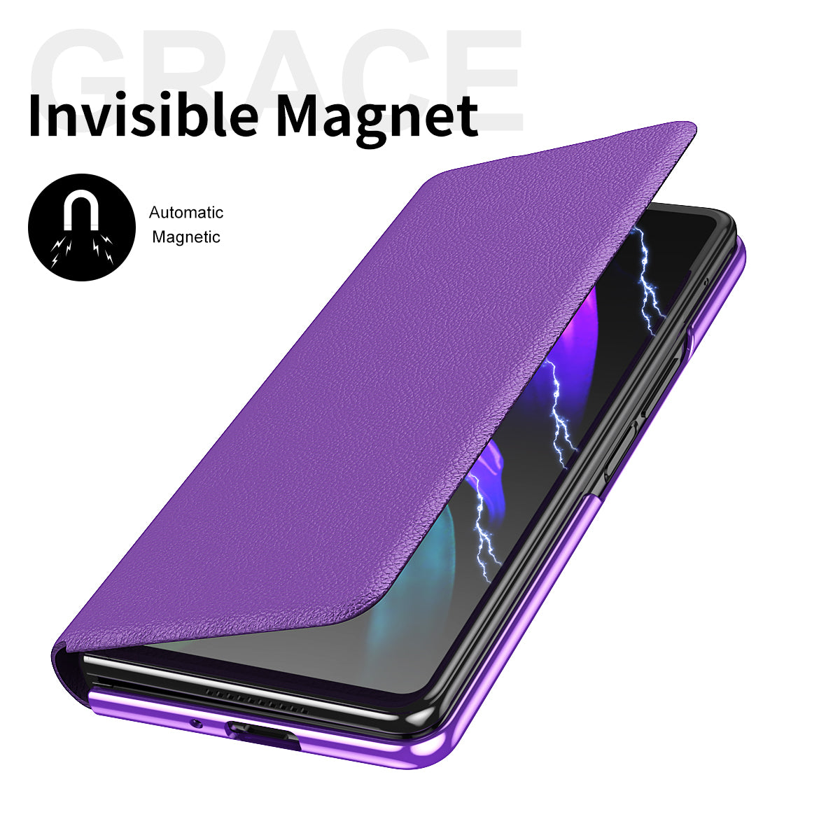 Litchi Texture PU Leather + PC Case Hand Band Stand Design Automatic Magnetic Cover with Pen Slot for Samsung Galaxy Z Fold3 5G