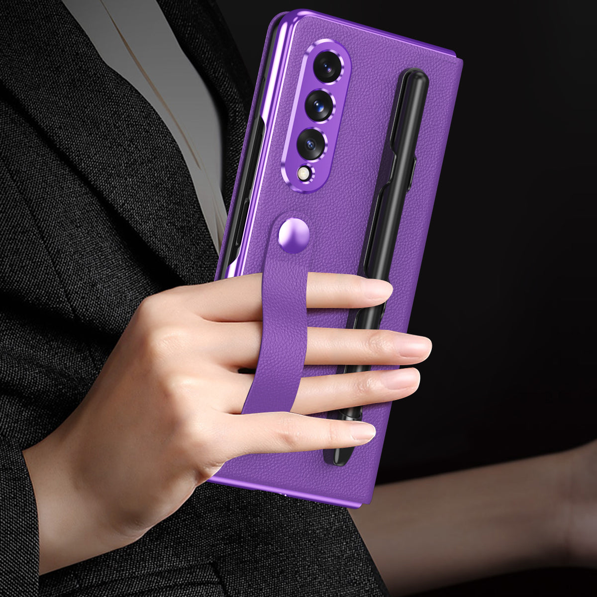 Litchi Texture PU Leather + PC Case Hand Band Stand Design Automatic Magnetic Cover with Pen Slot for Samsung Galaxy Z Fold3 5G