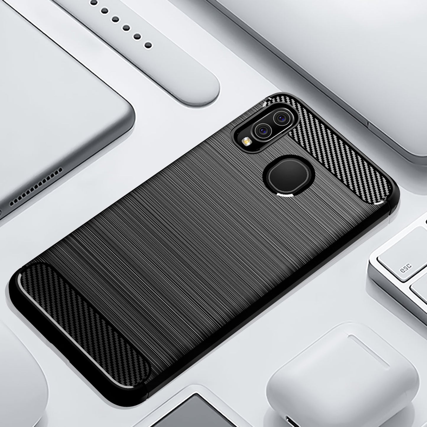 1.8mm Heat Dissipation TPU Case 1.8mm Thickness Drop-Proof Carbon Fiber Texture Fingerprint-Free Brushed Surface Phone Cover for Samsung Galaxy A20/A30/M10s