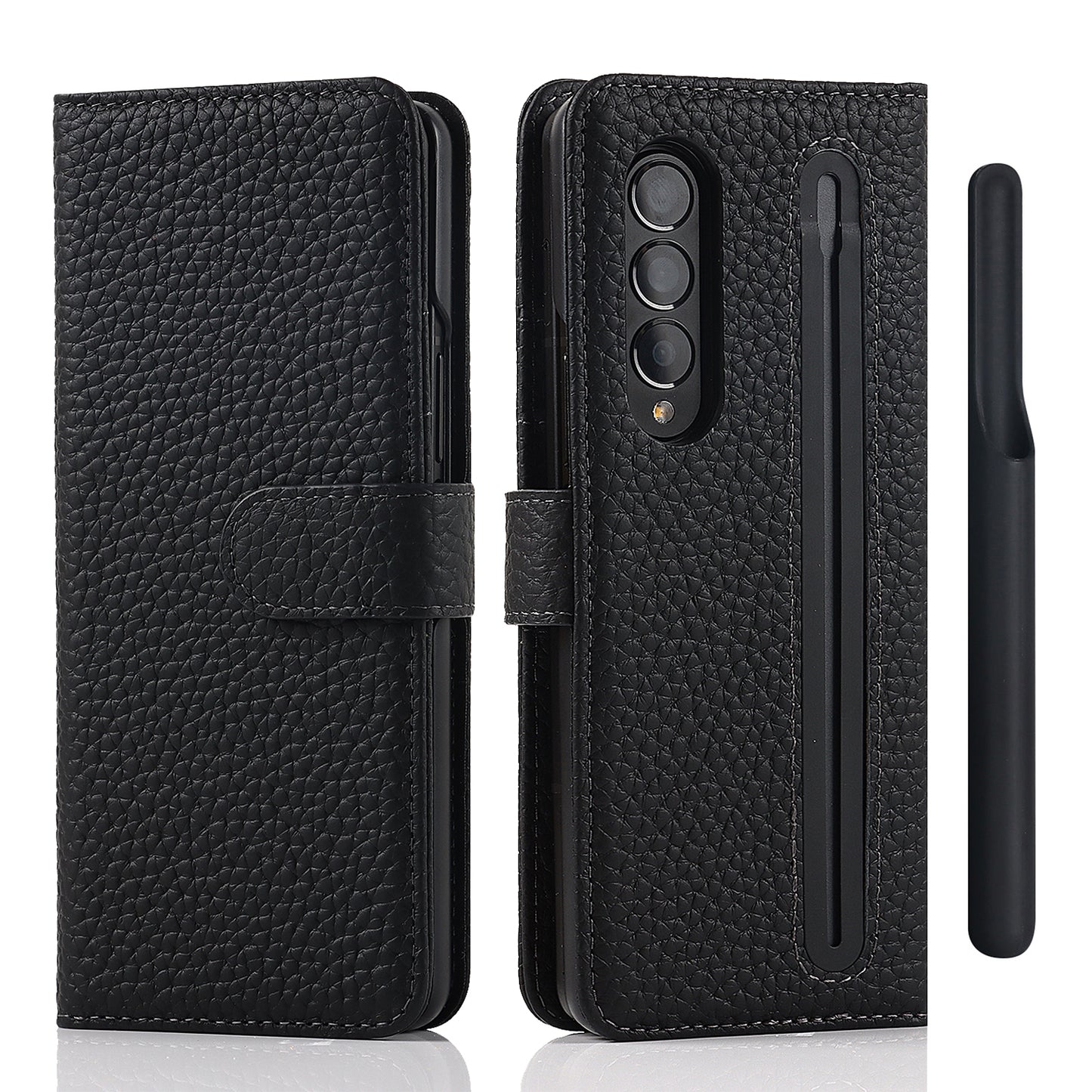 Stand Wallet Design Litchi Texture Genuine Leather + PC Phone Case Cover with Detachable Pen Slot for Samsung Galaxy Z Fold3 5G