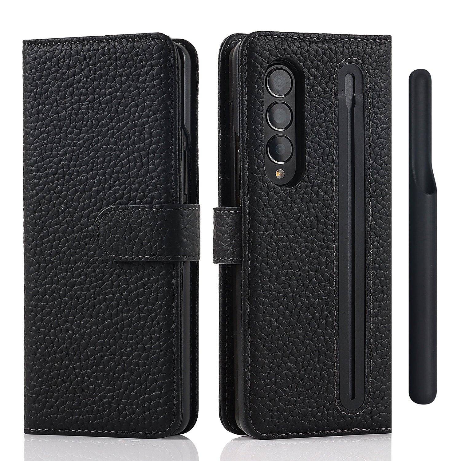 Stand Wallet Design Litchi Texture Genuine Leather + PC Phone Case Cover with Detachable Pen Slot for Samsung Galaxy Z Fold3 5G