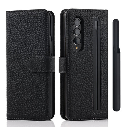 Stand Wallet Design Litchi Texture Genuine Leather + PC Phone Case Cover with Detachable Pen Slot for Samsung Galaxy Z Fold3 5G