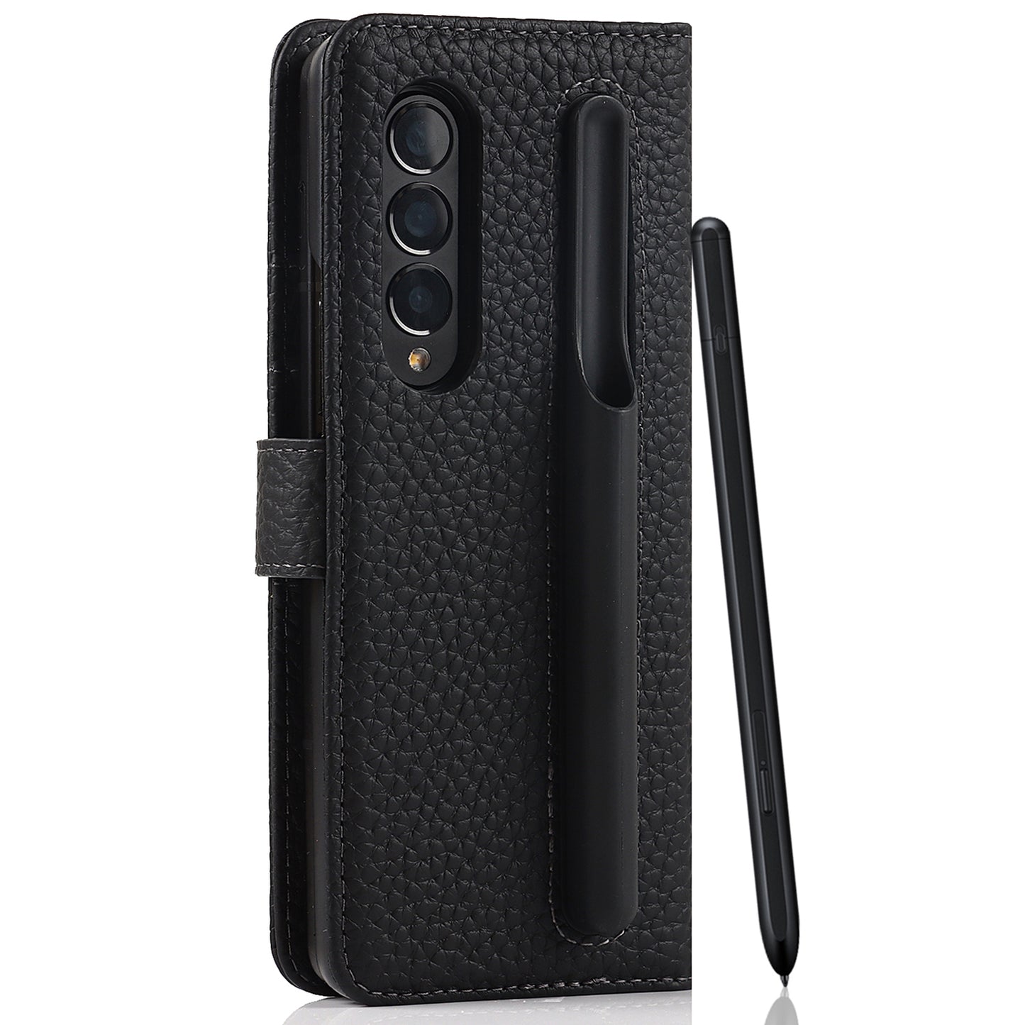 Stand Wallet Design Litchi Texture Genuine Leather + PC Phone Case Cover with Detachable Pen Slot for Samsung Galaxy Z Fold3 5G