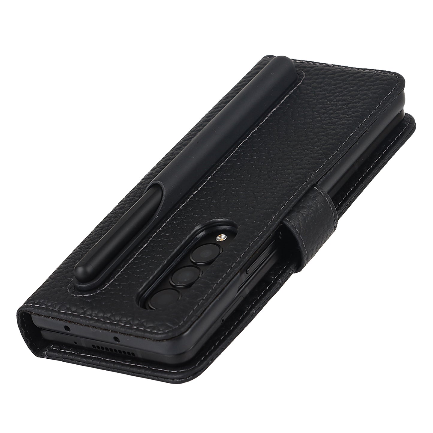 Stand Wallet Design Litchi Texture Genuine Leather + PC Phone Case Cover with Detachable Pen Slot for Samsung Galaxy Z Fold3 5G