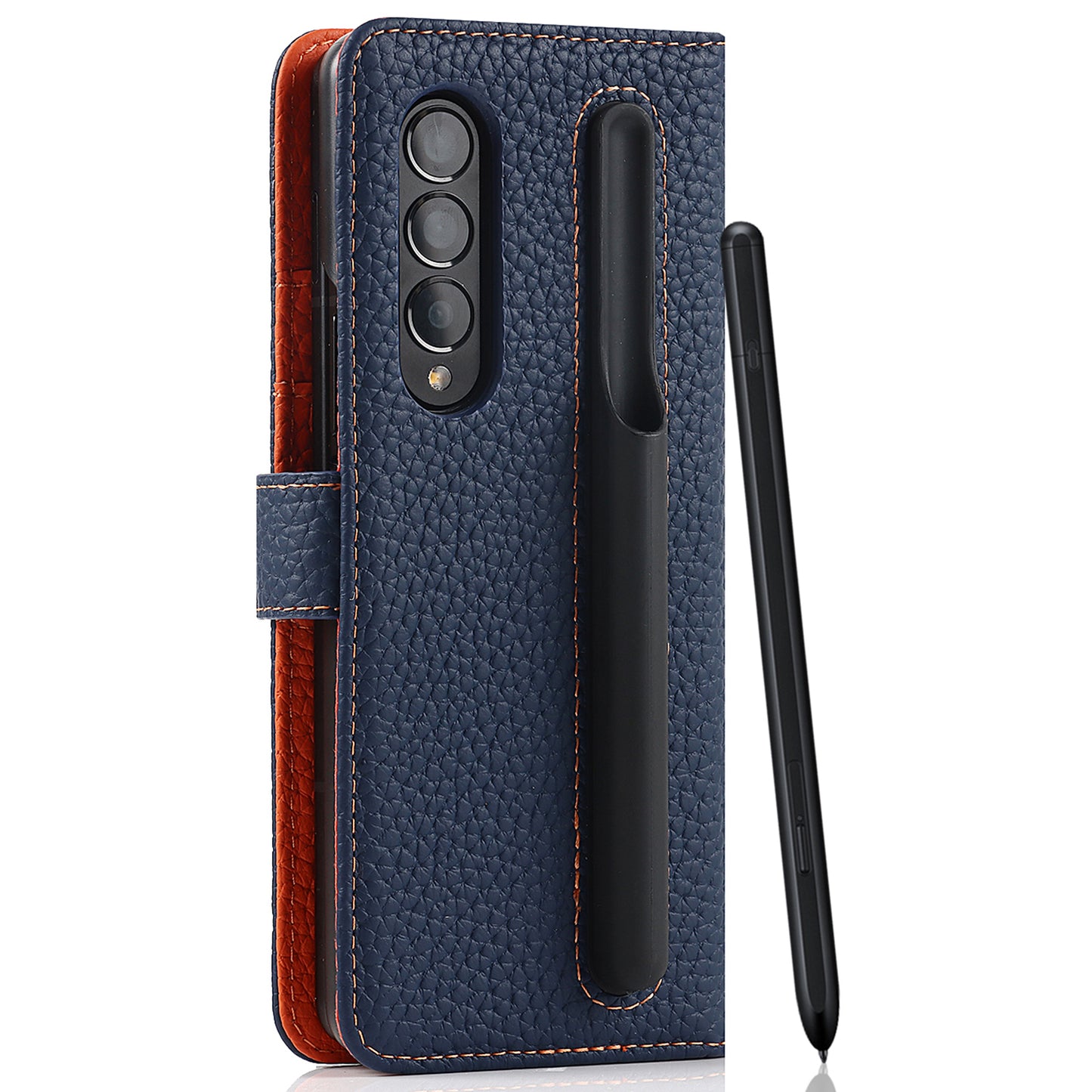 Stand Wallet Design Litchi Texture Genuine Leather + PC Phone Case Cover with Detachable Pen Slot for Samsung Galaxy Z Fold3 5G