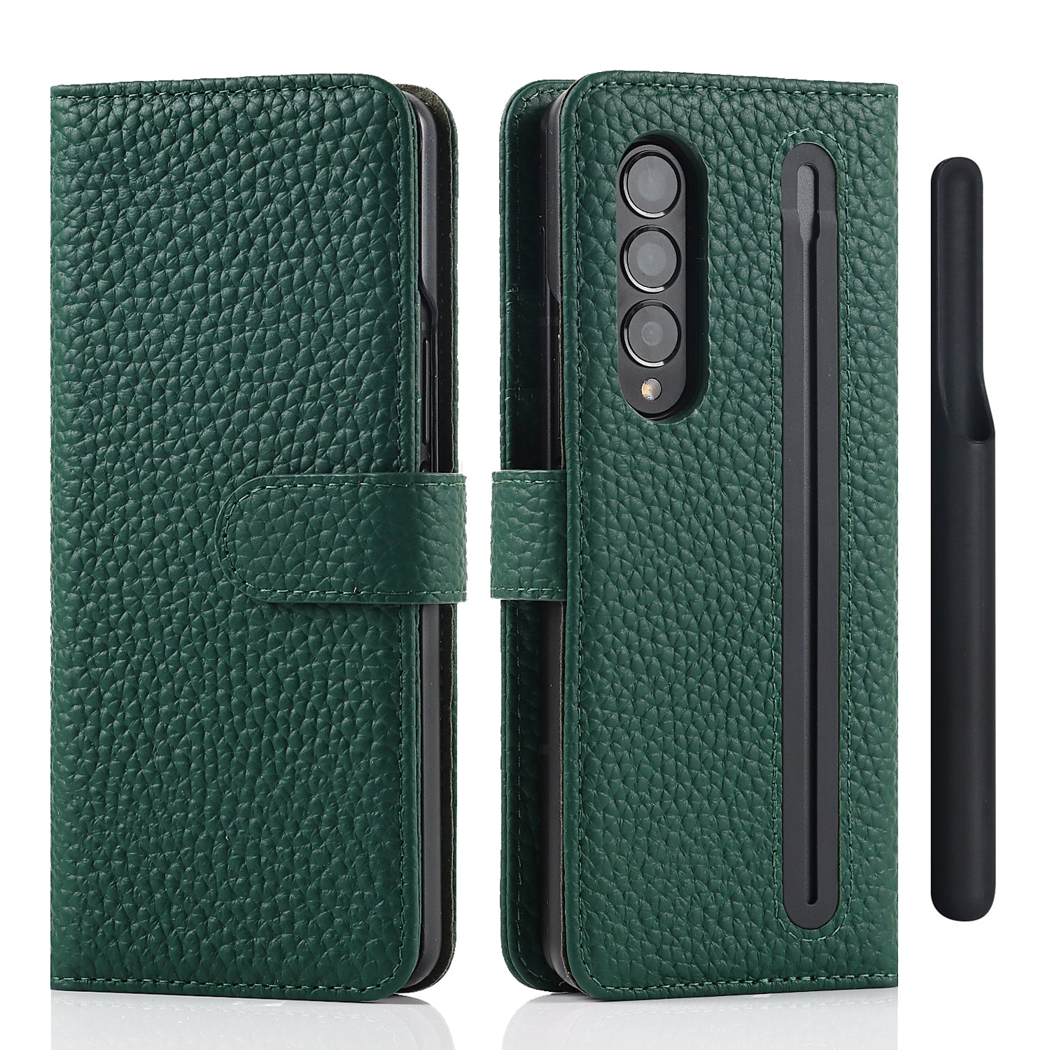 Stand Wallet Design Litchi Texture Genuine Leather + PC Phone Case Cover with Detachable Pen Slot for Samsung Galaxy Z Fold3 5G