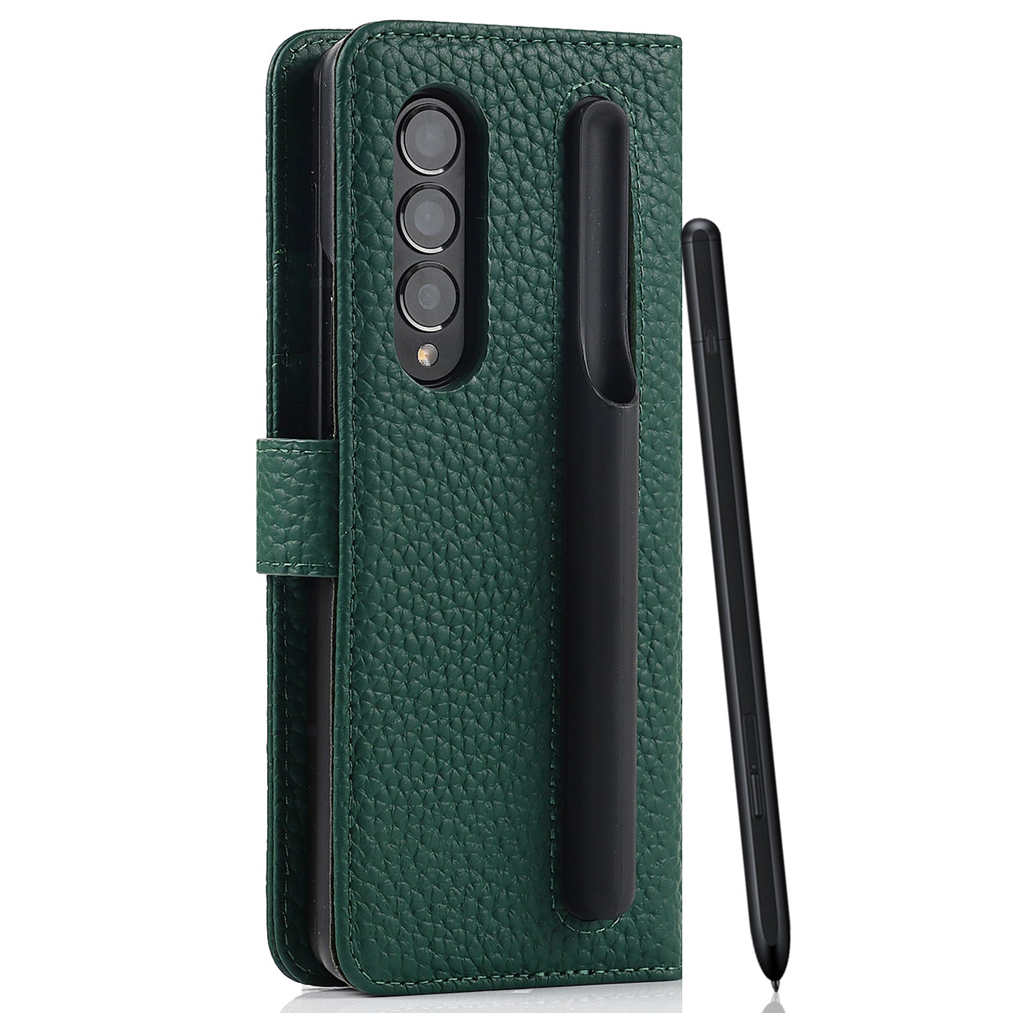 Stand Wallet Design Litchi Texture Genuine Leather + PC Phone Case Cover with Detachable Pen Slot for Samsung Galaxy Z Fold3 5G