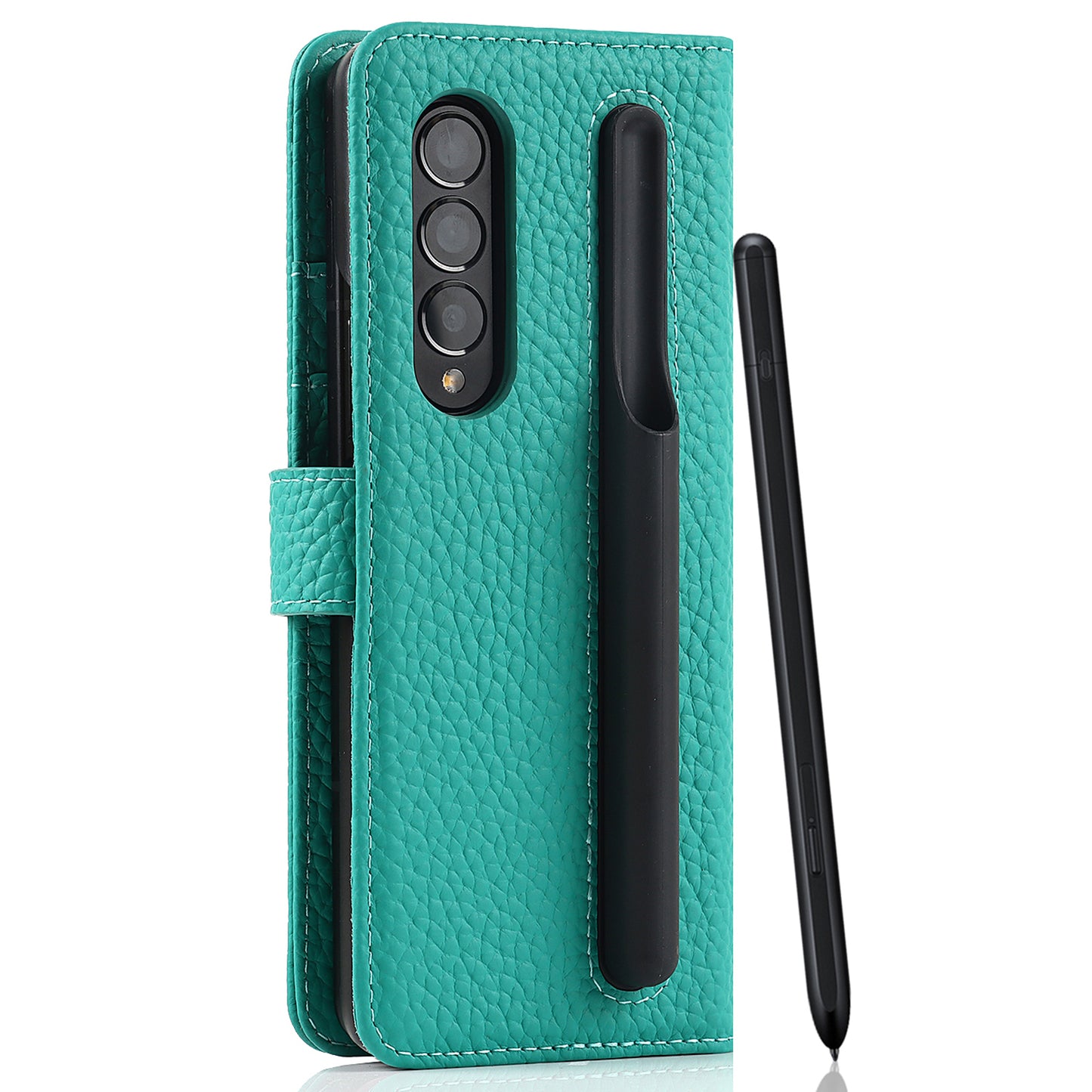 Stand Wallet Design Litchi Texture Genuine Leather + PC Phone Case Cover with Detachable Pen Slot for Samsung Galaxy Z Fold3 5G