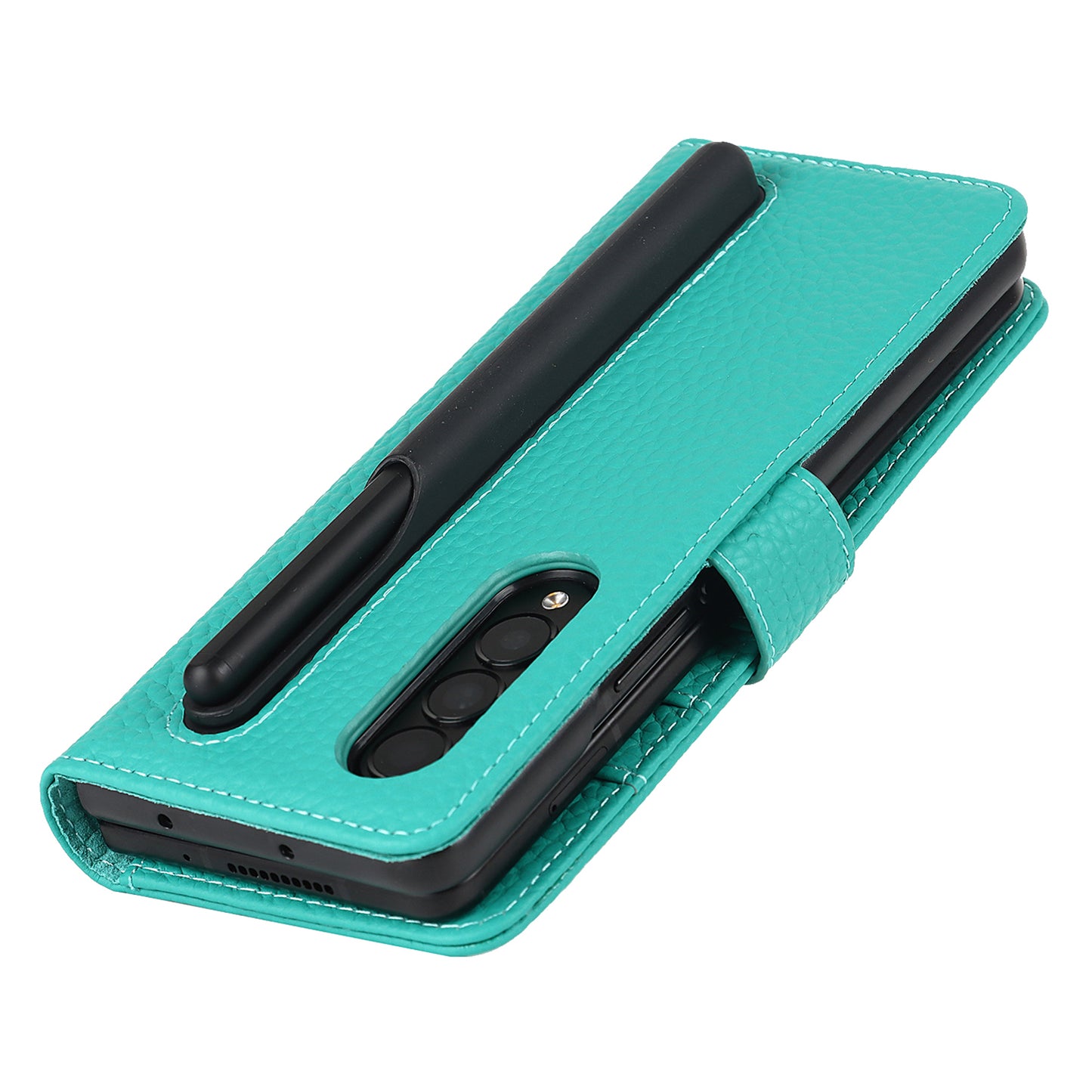 Stand Wallet Design Litchi Texture Genuine Leather + PC Phone Case Cover with Detachable Pen Slot for Samsung Galaxy Z Fold3 5G