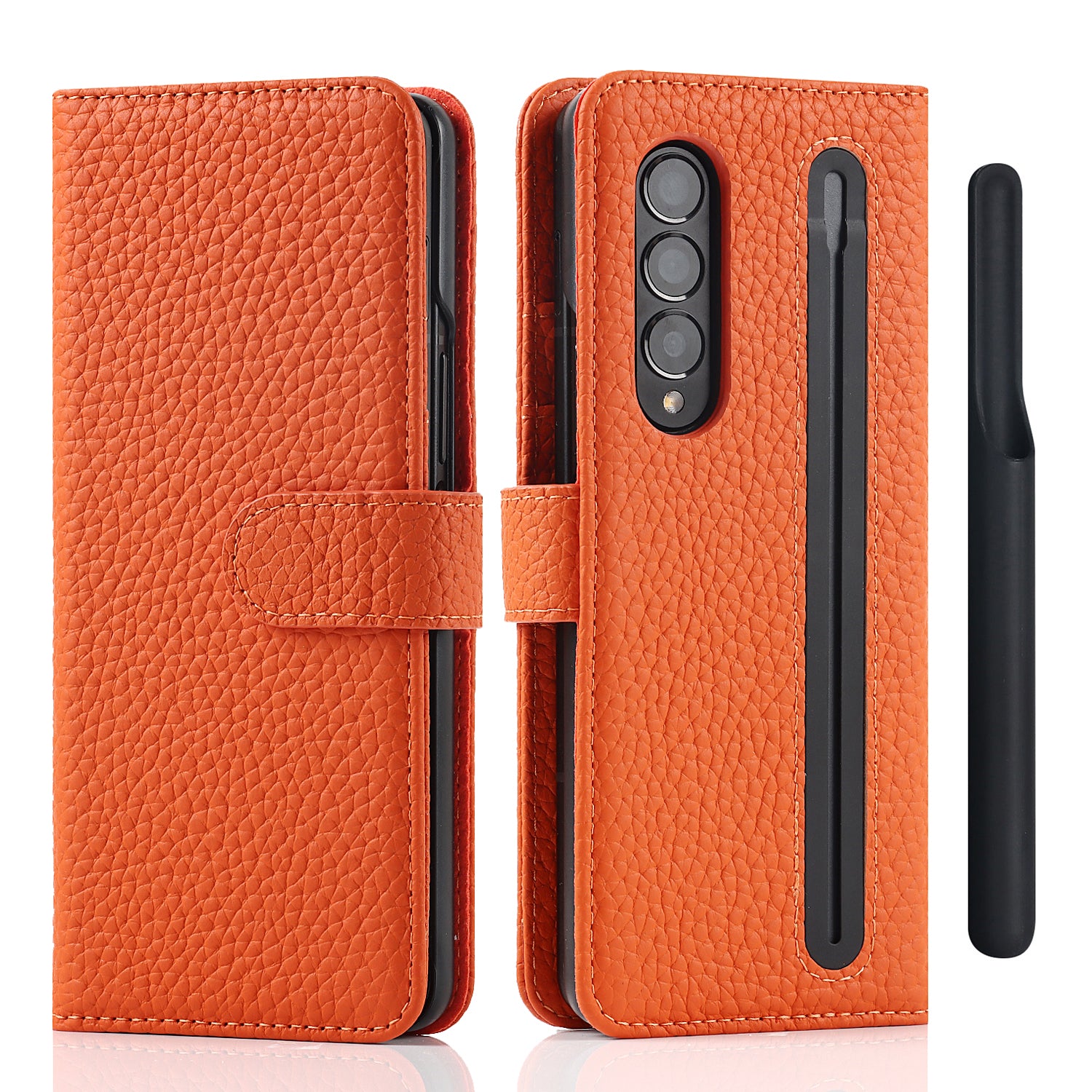 Stand Wallet Design Litchi Texture Genuine Leather + PC Phone Case Cover with Detachable Pen Slot for Samsung Galaxy Z Fold3 5G