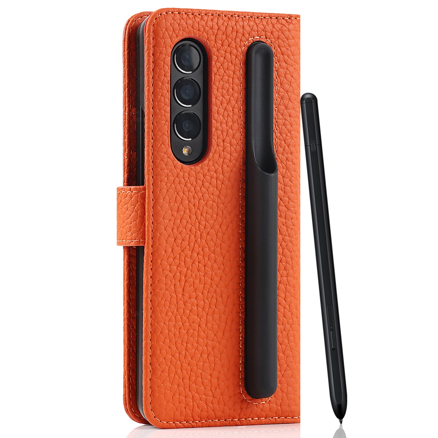 Stand Wallet Design Litchi Texture Genuine Leather + PC Phone Case Cover with Detachable Pen Slot for Samsung Galaxy Z Fold3 5G