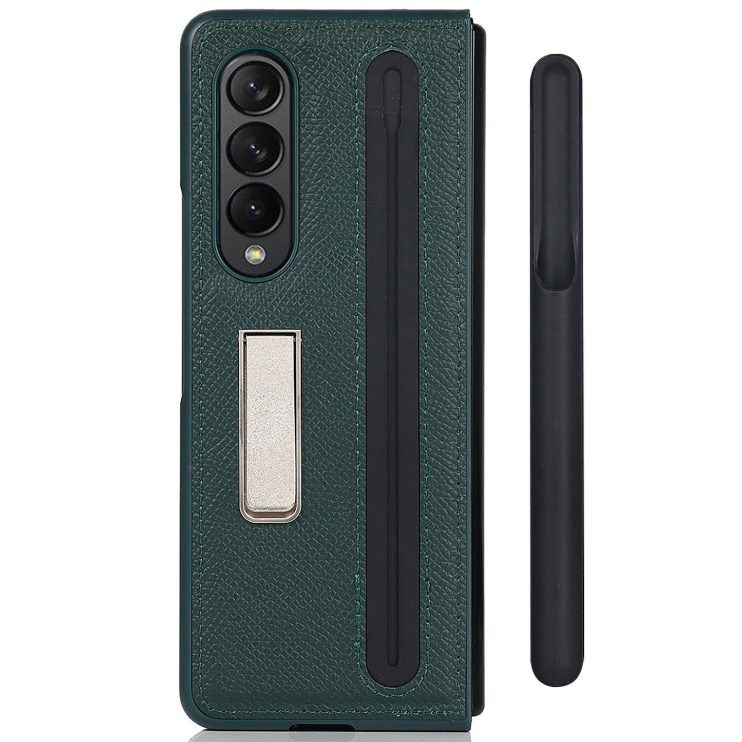 Palm Print Genuine Leather + PC Phone Case Kickstand Cover with Detachable Pen Slot for Samsung Galaxy Z Fold3 5G