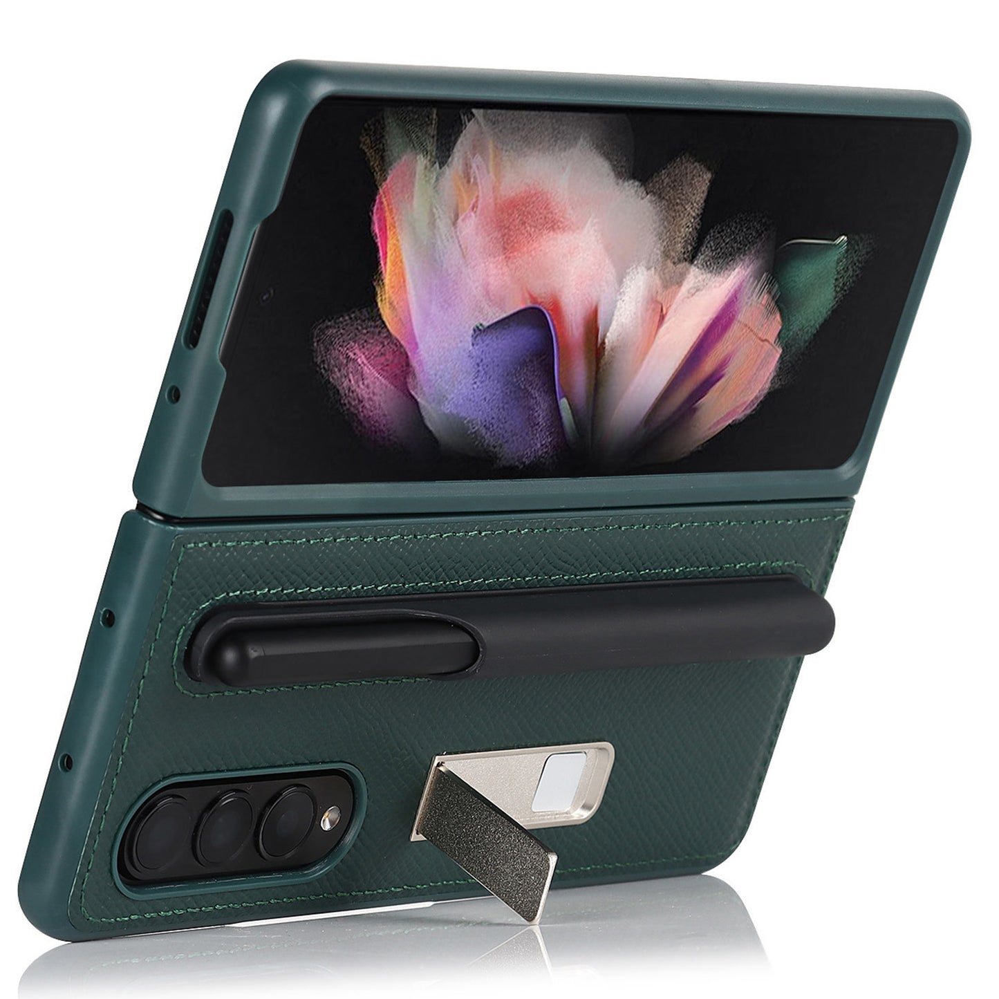Palm Print Genuine Leather + PC Phone Case Kickstand Cover with Detachable Pen Slot for Samsung Galaxy Z Fold3 5G