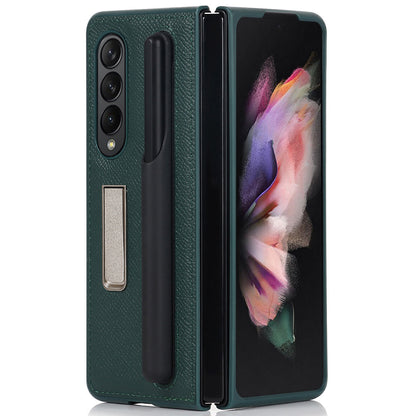 Palm Print Genuine Leather + PC Phone Case Kickstand Cover with Detachable Pen Slot for Samsung Galaxy Z Fold3 5G