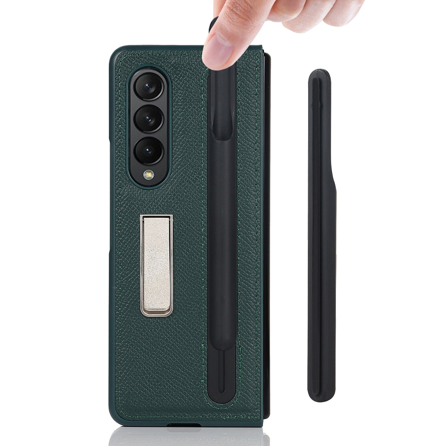 Palm Print Genuine Leather + PC Phone Case Kickstand Cover with Detachable Pen Slot for Samsung Galaxy Z Fold3 5G