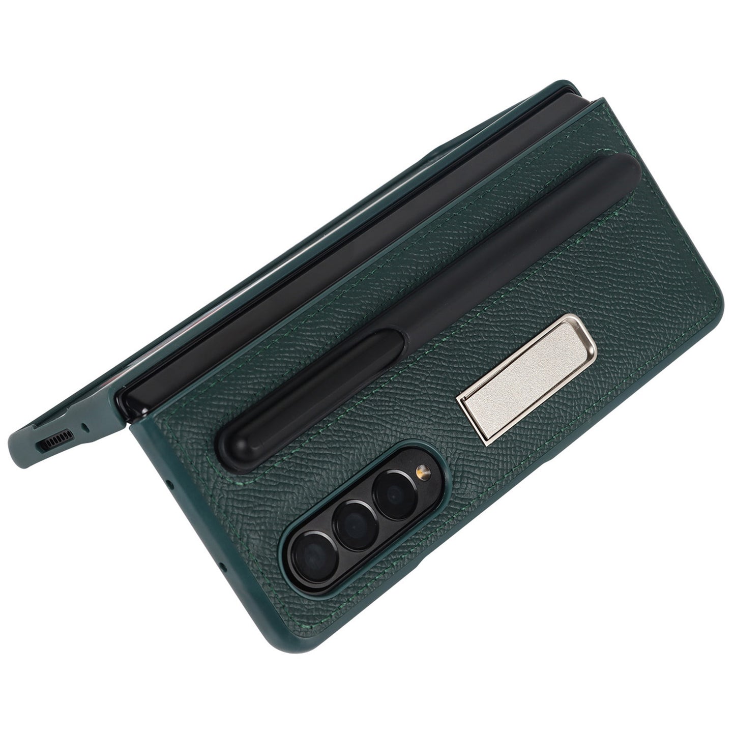 Palm Print Genuine Leather + PC Phone Case Kickstand Cover with Detachable Pen Slot for Samsung Galaxy Z Fold3 5G
