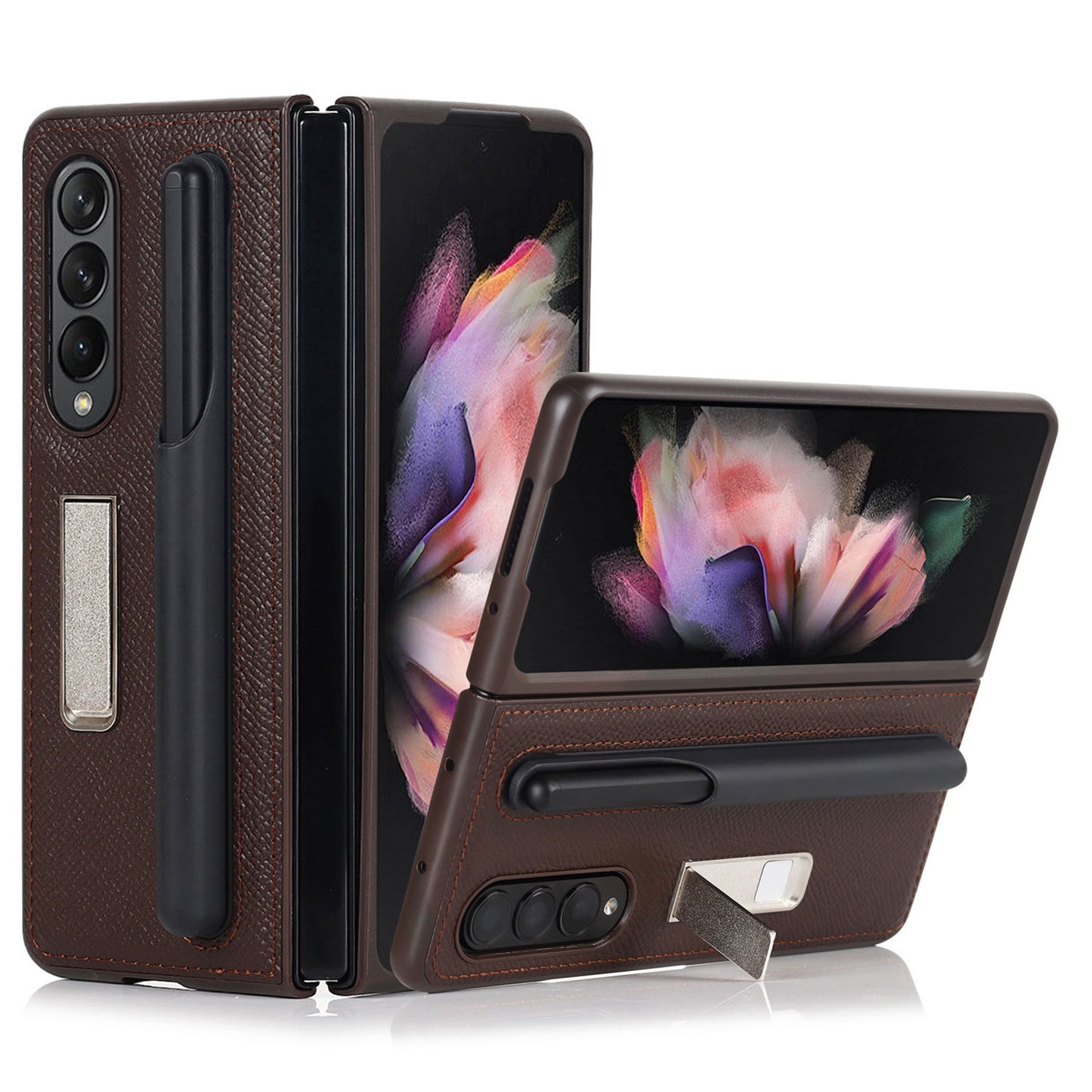 Palm Print Genuine Leather + PC Phone Case Kickstand Cover with Detachable Pen Slot for Samsung Galaxy Z Fold3 5G