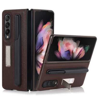 Palm Print Genuine Leather + PC Phone Case Kickstand Cover with Detachable Pen Slot for Samsung Galaxy Z Fold3 5G