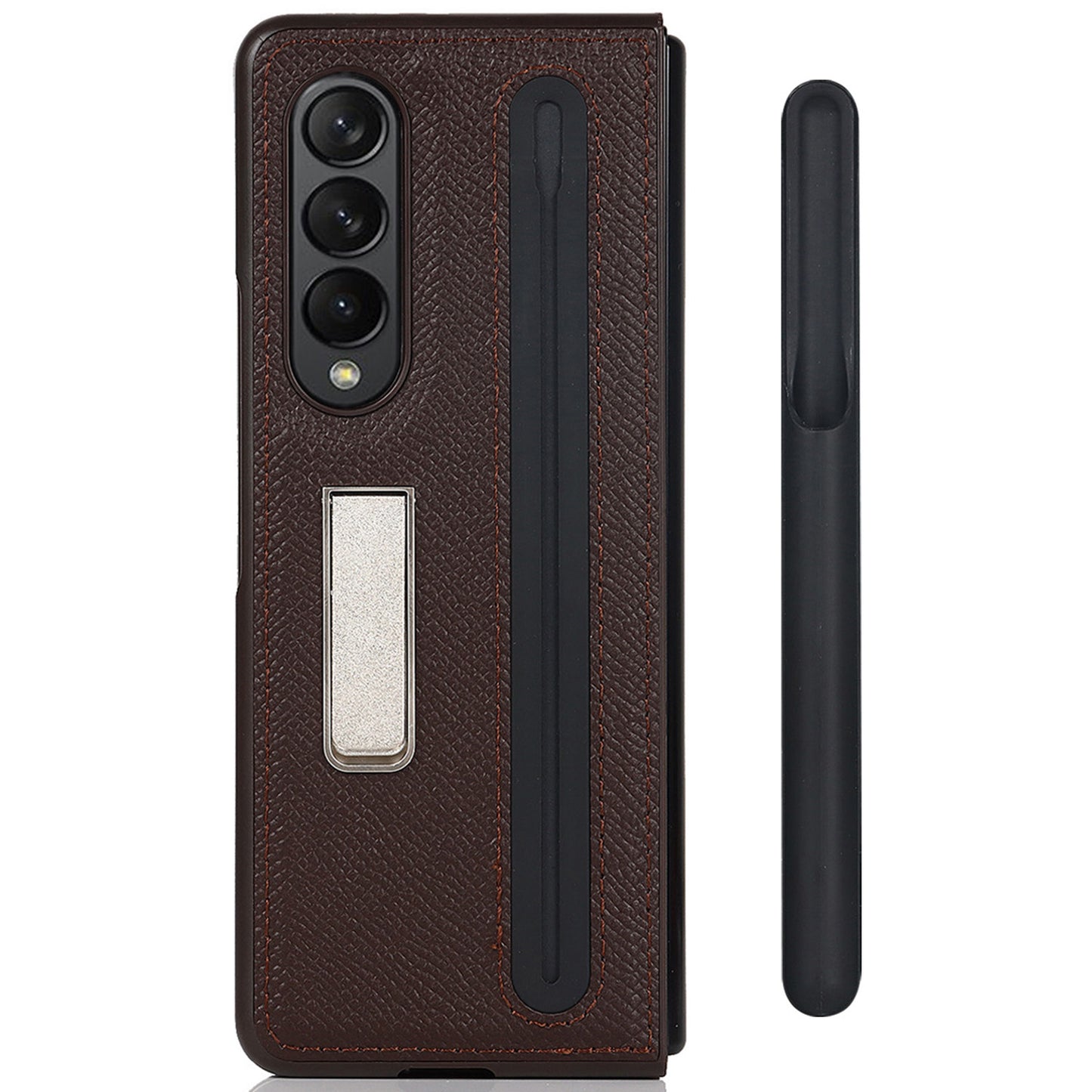 Palm Print Genuine Leather + PC Phone Case Kickstand Cover with Detachable Pen Slot for Samsung Galaxy Z Fold3 5G