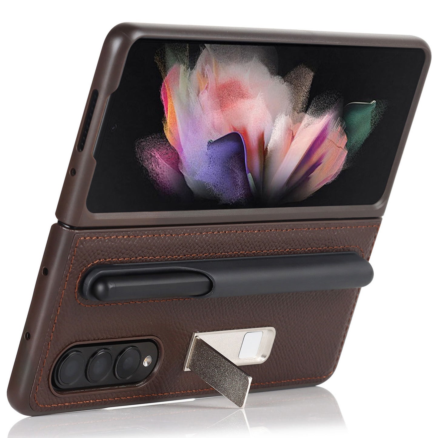 Palm Print Genuine Leather + PC Phone Case Kickstand Cover with Detachable Pen Slot for Samsung Galaxy Z Fold3 5G