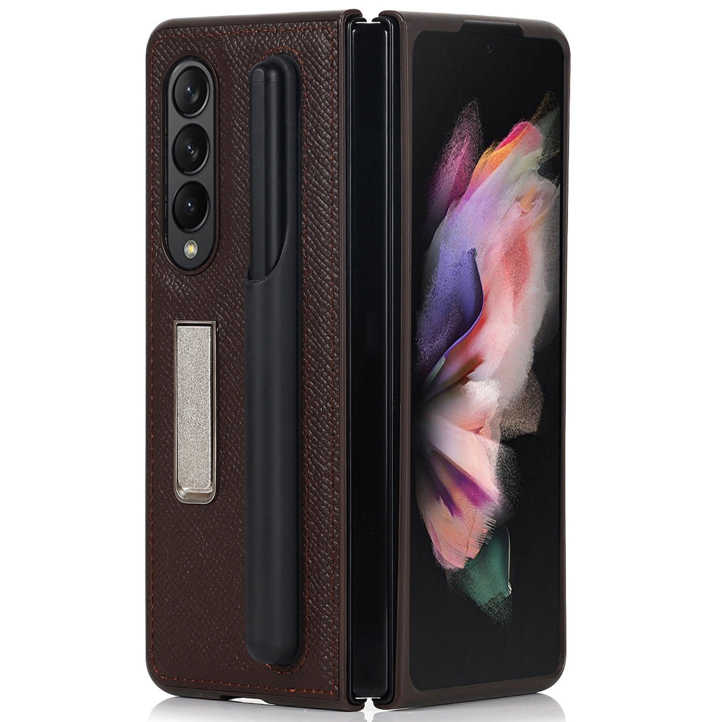 Palm Print Genuine Leather + PC Phone Case Kickstand Cover with Detachable Pen Slot for Samsung Galaxy Z Fold3 5G