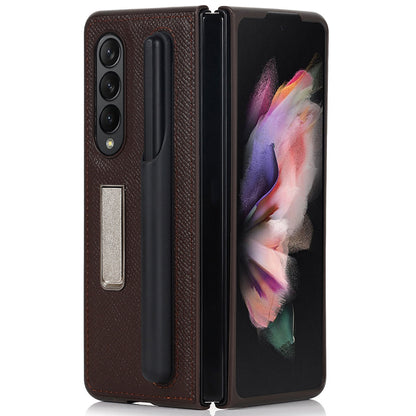 Palm Print Genuine Leather + PC Phone Case Kickstand Cover with Detachable Pen Slot for Samsung Galaxy Z Fold3 5G