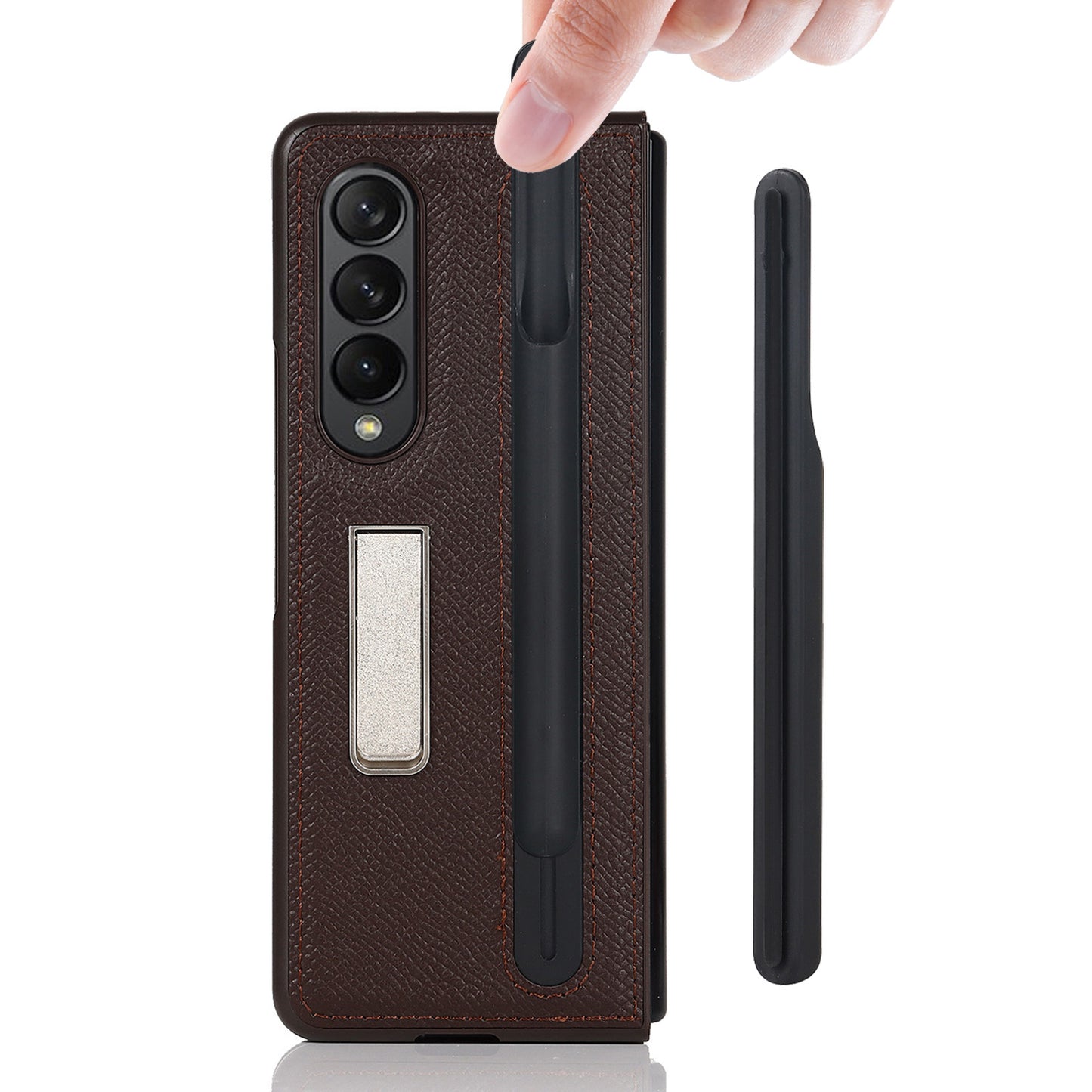 Palm Print Genuine Leather + PC Phone Case Kickstand Cover with Detachable Pen Slot for Samsung Galaxy Z Fold3 5G