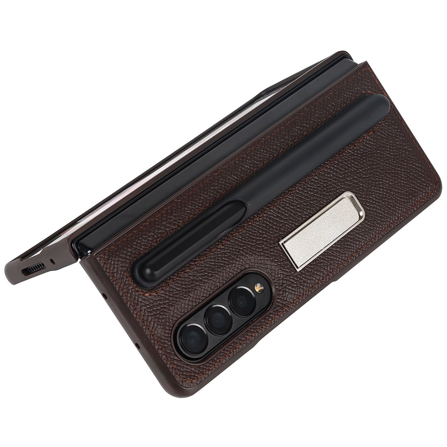 Palm Print Genuine Leather + PC Phone Case Kickstand Cover with Detachable Pen Slot for Samsung Galaxy Z Fold3 5G