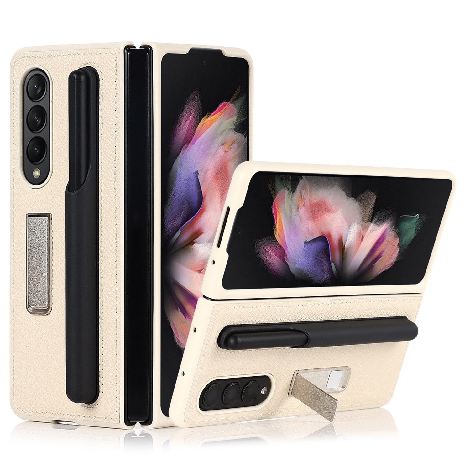 Palm Print Genuine Leather + PC Phone Case Kickstand Cover with Detachable Pen Slot for Samsung Galaxy Z Fold3 5G