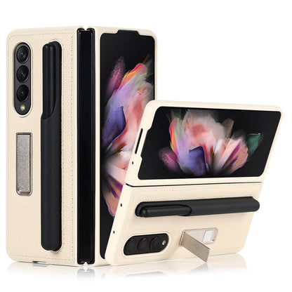 Palm Print Genuine Leather + PC Phone Case Kickstand Cover with Detachable Pen Slot for Samsung Galaxy Z Fold3 5G