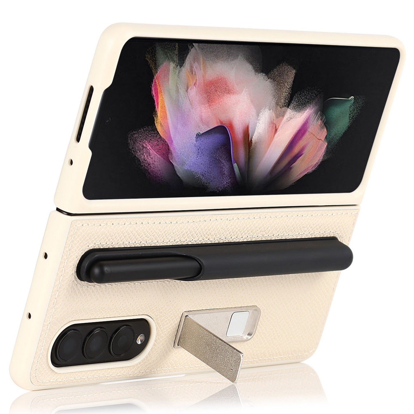 Palm Print Genuine Leather + PC Phone Case Kickstand Cover with Detachable Pen Slot for Samsung Galaxy Z Fold3 5G