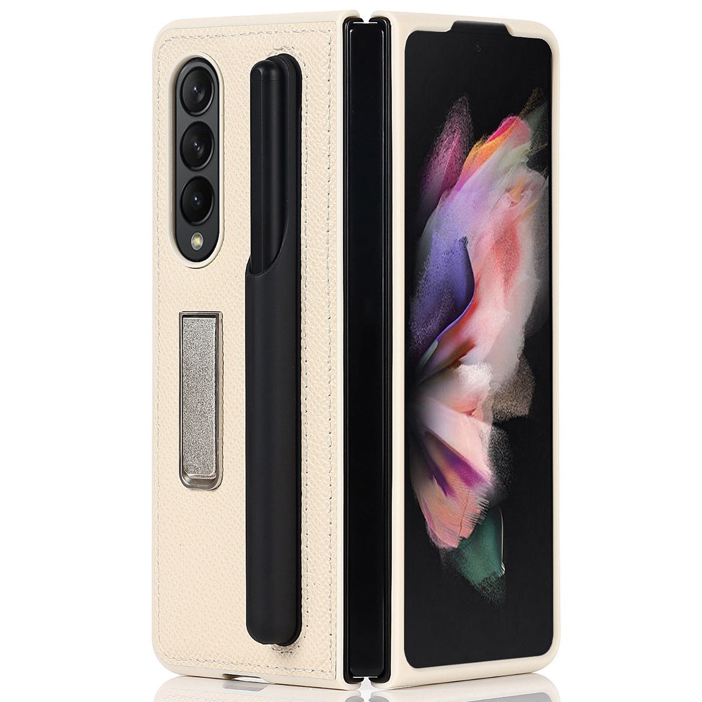 Palm Print Genuine Leather + PC Phone Case Kickstand Cover with Detachable Pen Slot for Samsung Galaxy Z Fold3 5G