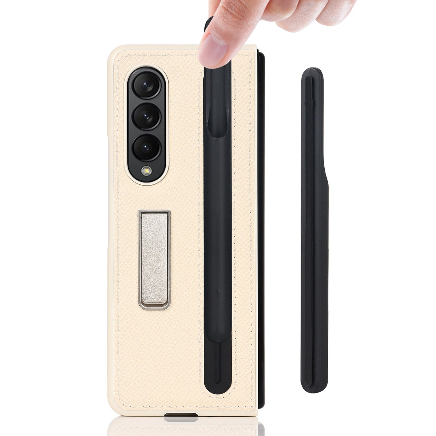 Palm Print Genuine Leather + PC Phone Case Kickstand Cover with Detachable Pen Slot for Samsung Galaxy Z Fold3 5G