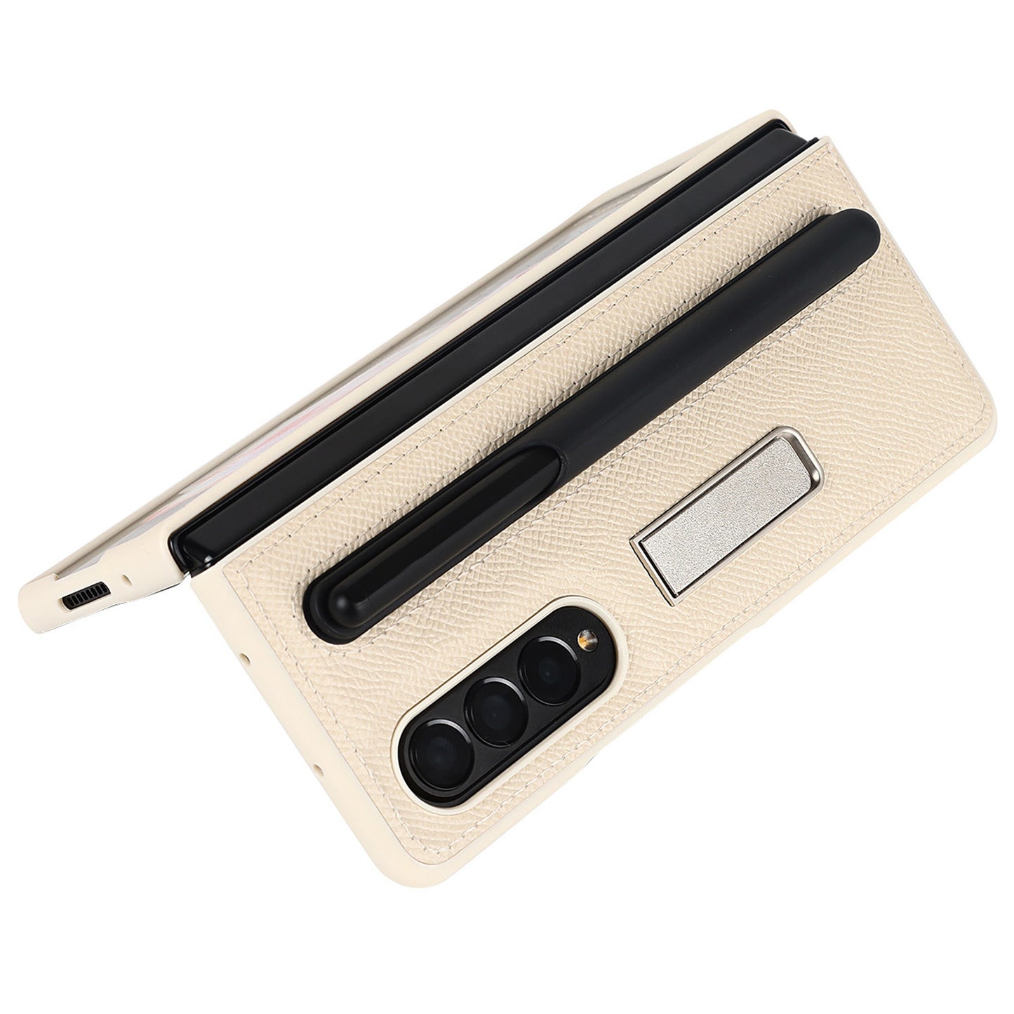 Palm Print Genuine Leather + PC Phone Case Kickstand Cover with Detachable Pen Slot for Samsung Galaxy Z Fold3 5G