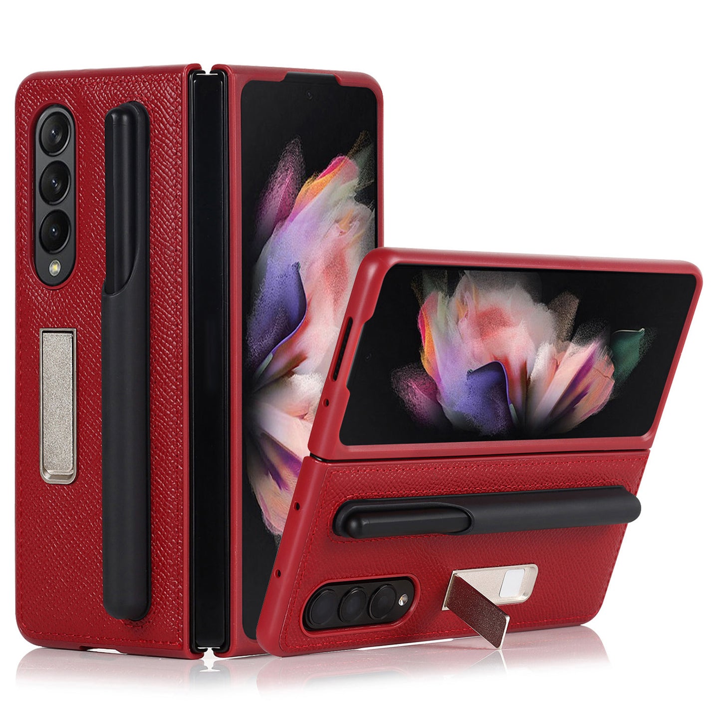 Palm Print Genuine Leather + PC Phone Case Kickstand Cover with Detachable Pen Slot for Samsung Galaxy Z Fold3 5G
