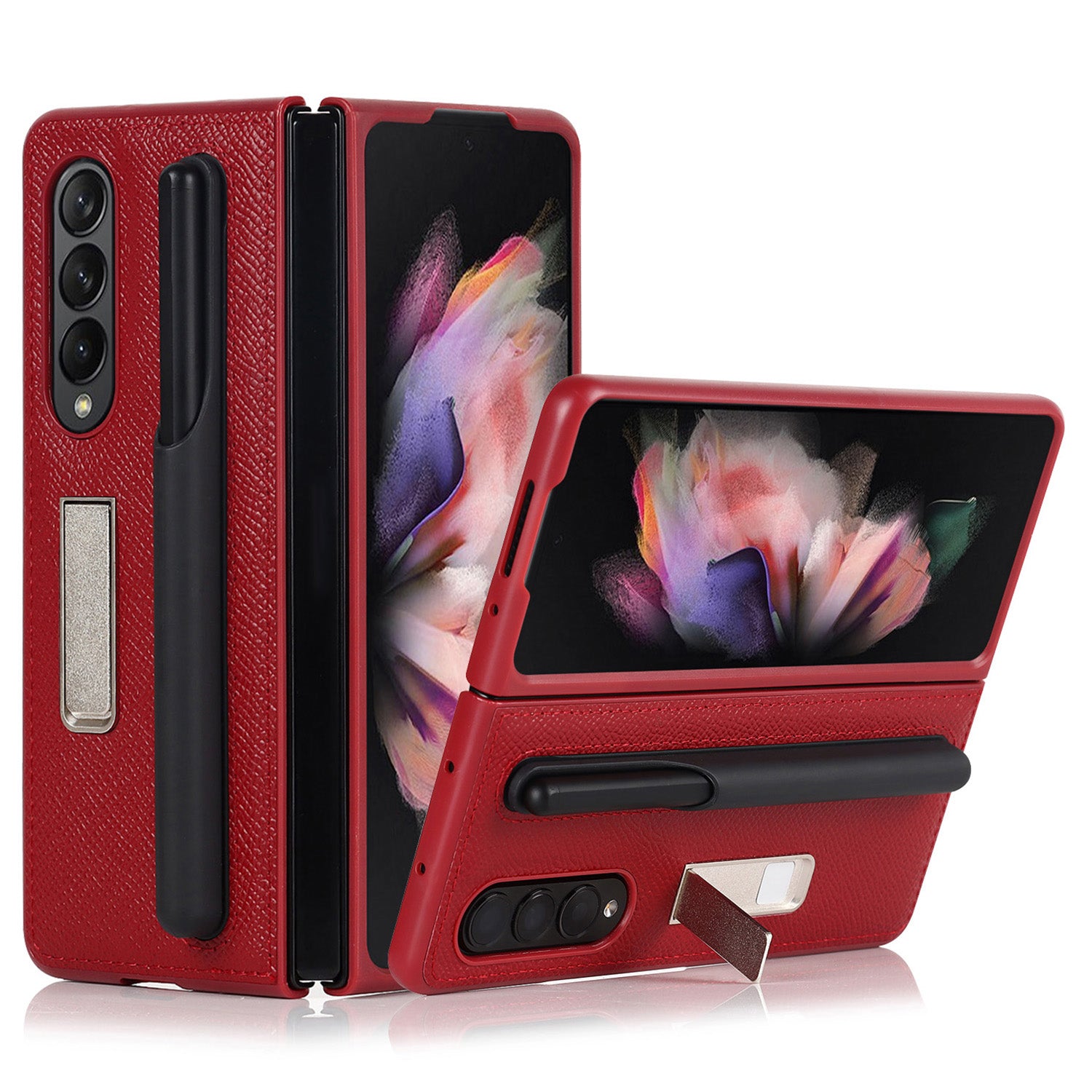 Palm Print Genuine Leather + PC Phone Case Kickstand Cover with Detachable Pen Slot for Samsung Galaxy Z Fold3 5G