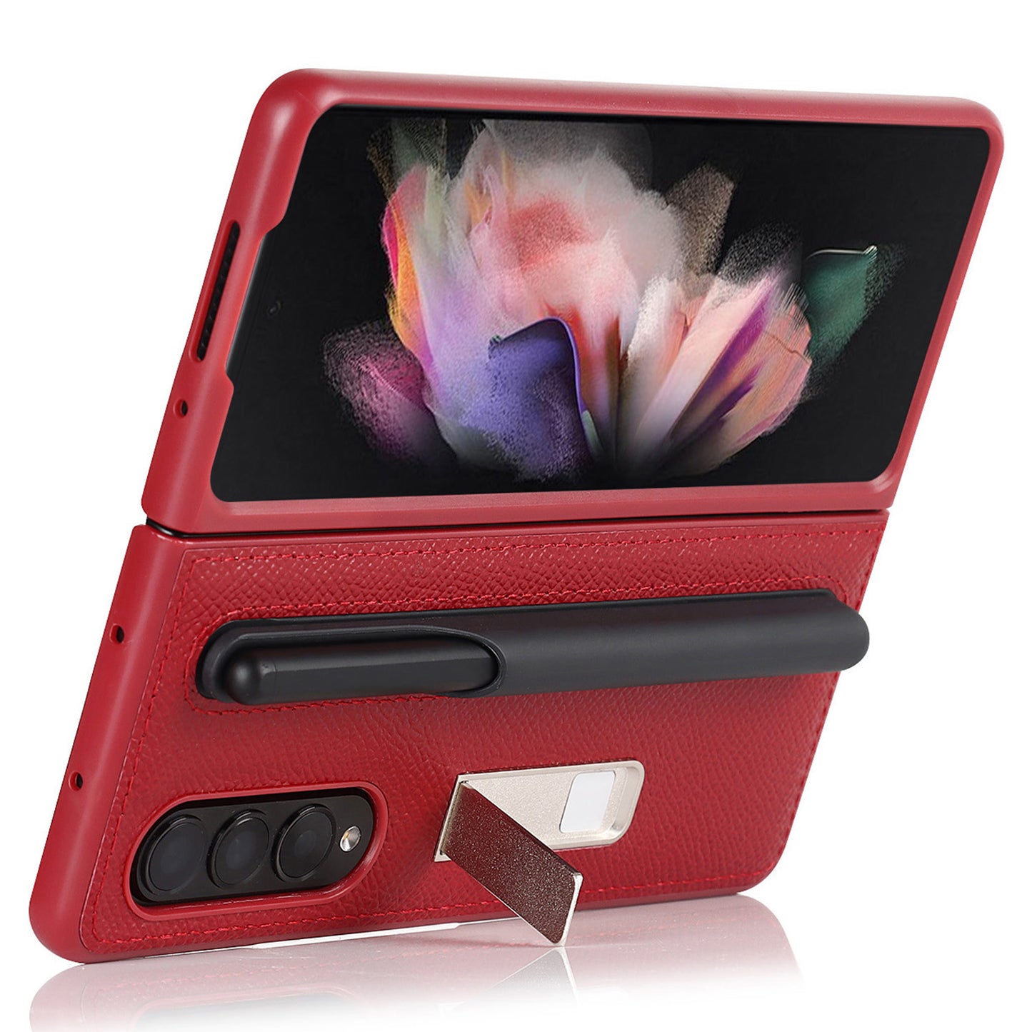 Palm Print Genuine Leather + PC Phone Case Kickstand Cover with Detachable Pen Slot for Samsung Galaxy Z Fold3 5G