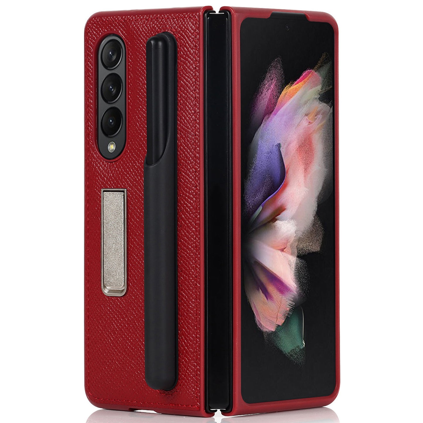 Palm Print Genuine Leather + PC Phone Case Kickstand Cover with Detachable Pen Slot for Samsung Galaxy Z Fold3 5G