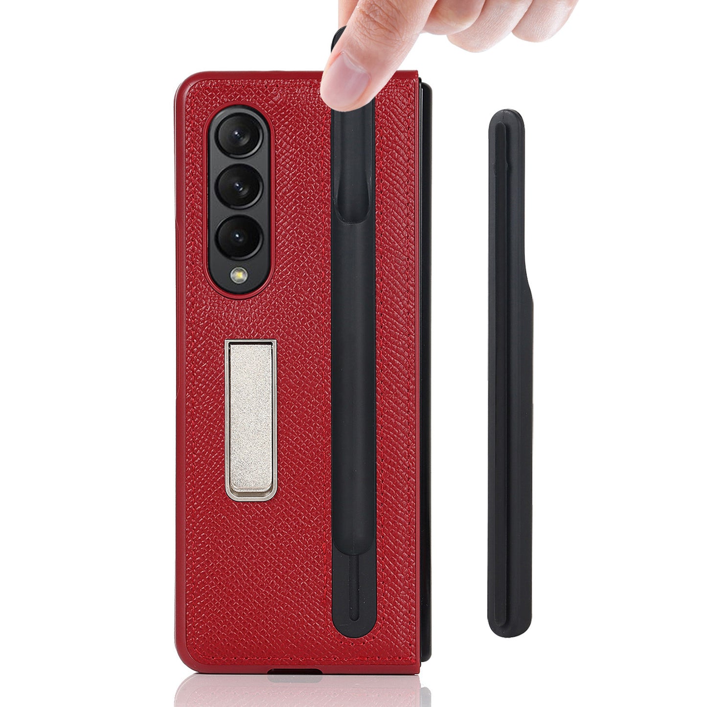 Palm Print Genuine Leather + PC Phone Case Kickstand Cover with Detachable Pen Slot for Samsung Galaxy Z Fold3 5G