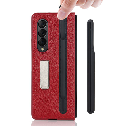 Palm Print Genuine Leather + PC Phone Case Kickstand Cover with Detachable Pen Slot for Samsung Galaxy Z Fold3 5G