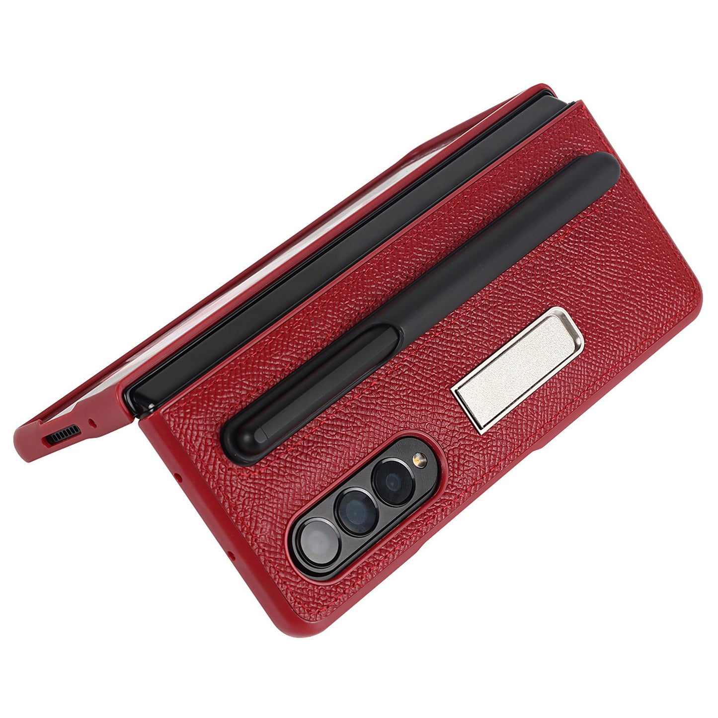 Palm Print Genuine Leather + PC Phone Case Kickstand Cover with Detachable Pen Slot for Samsung Galaxy Z Fold3 5G