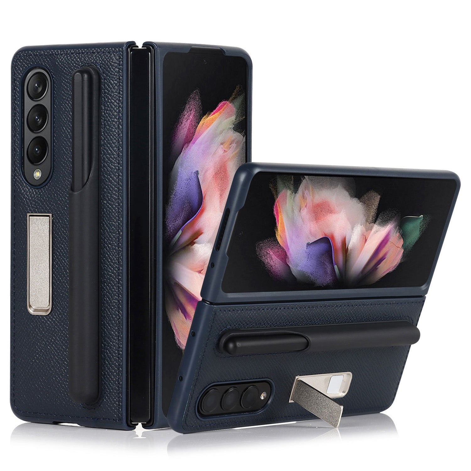Palm Print Genuine Leather + PC Phone Case Kickstand Cover with Detachable Pen Slot for Samsung Galaxy Z Fold3 5G