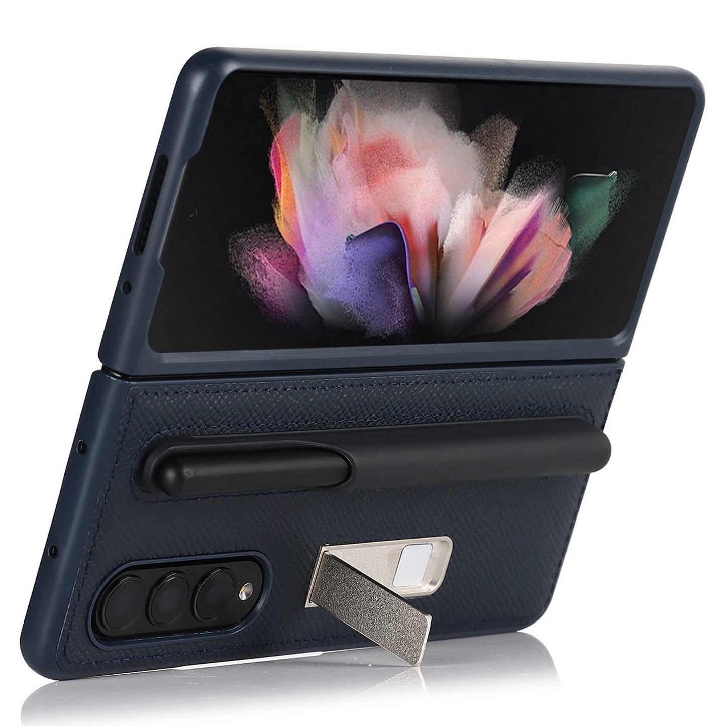 Palm Print Genuine Leather + PC Phone Case Kickstand Cover with Detachable Pen Slot for Samsung Galaxy Z Fold3 5G